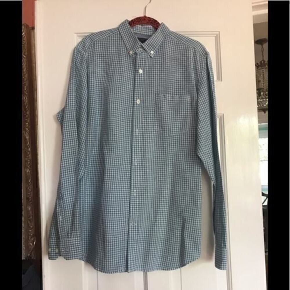 Banana Republic Slim Fit Blue & Green Plaid Linen‎ Shirt Size Large